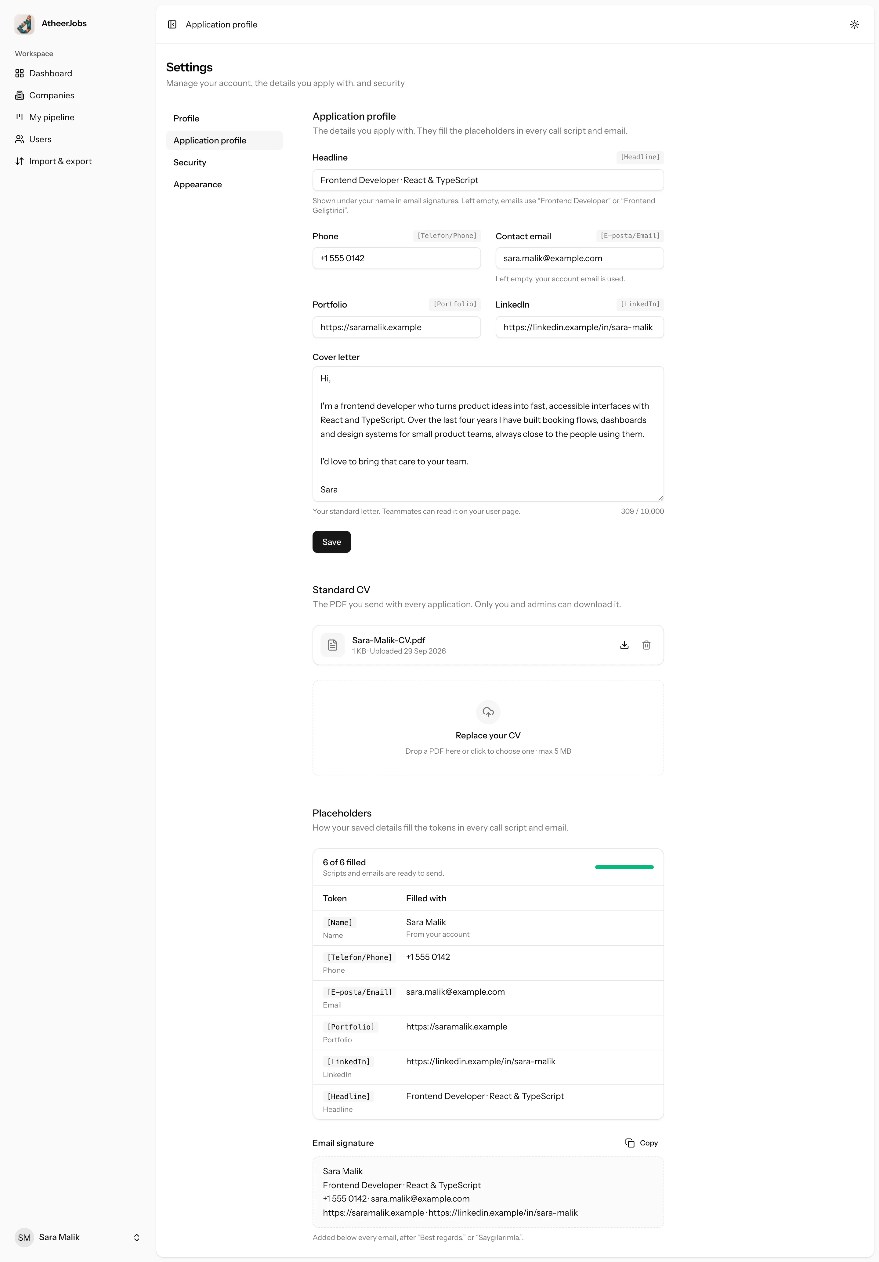 The application profile with contact details, the CV upload and the placeholder preview.