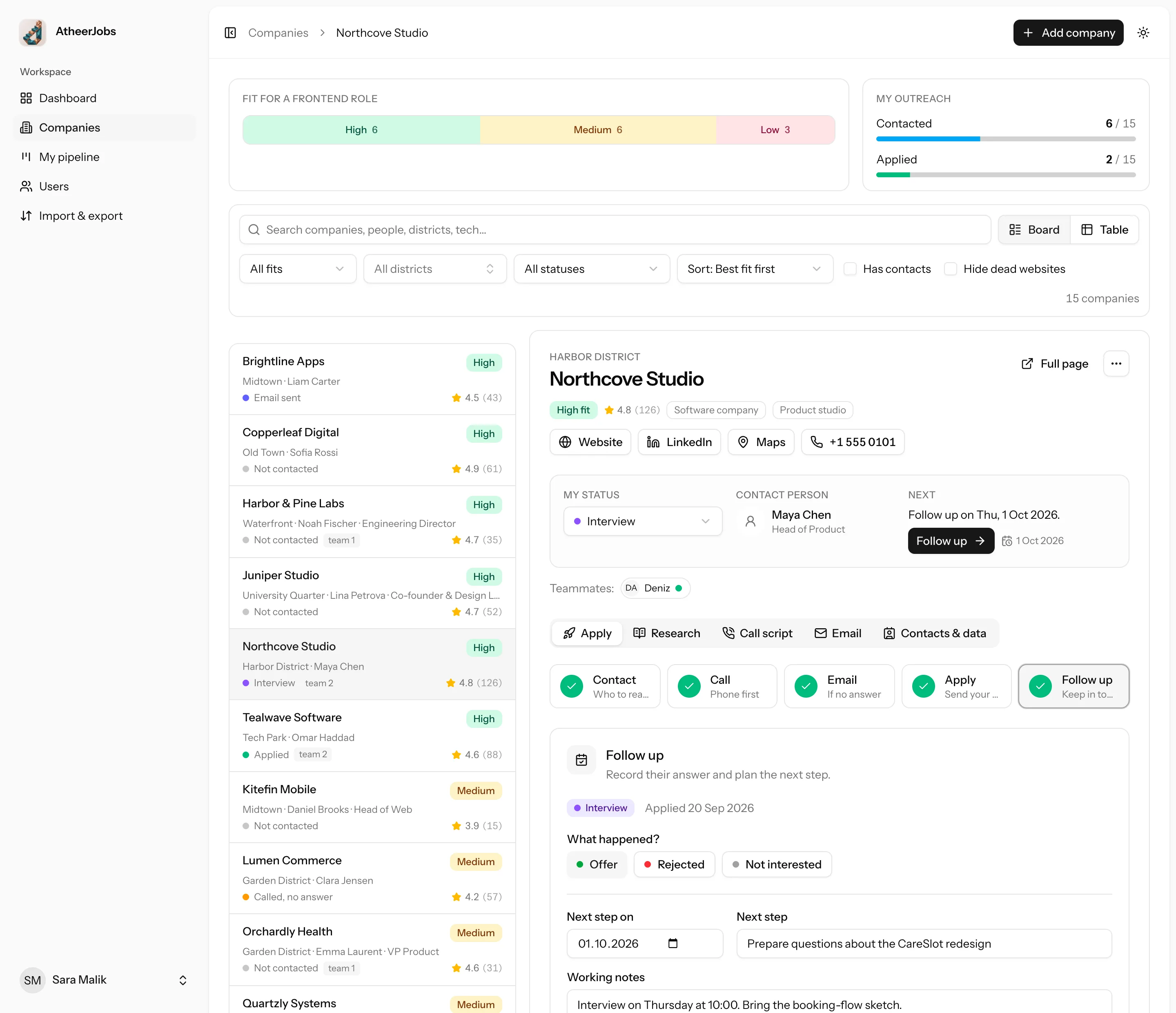 The company board: a fit summary and filters on top, the list of companies on the left, and the selected company with its apply wizard on the right.