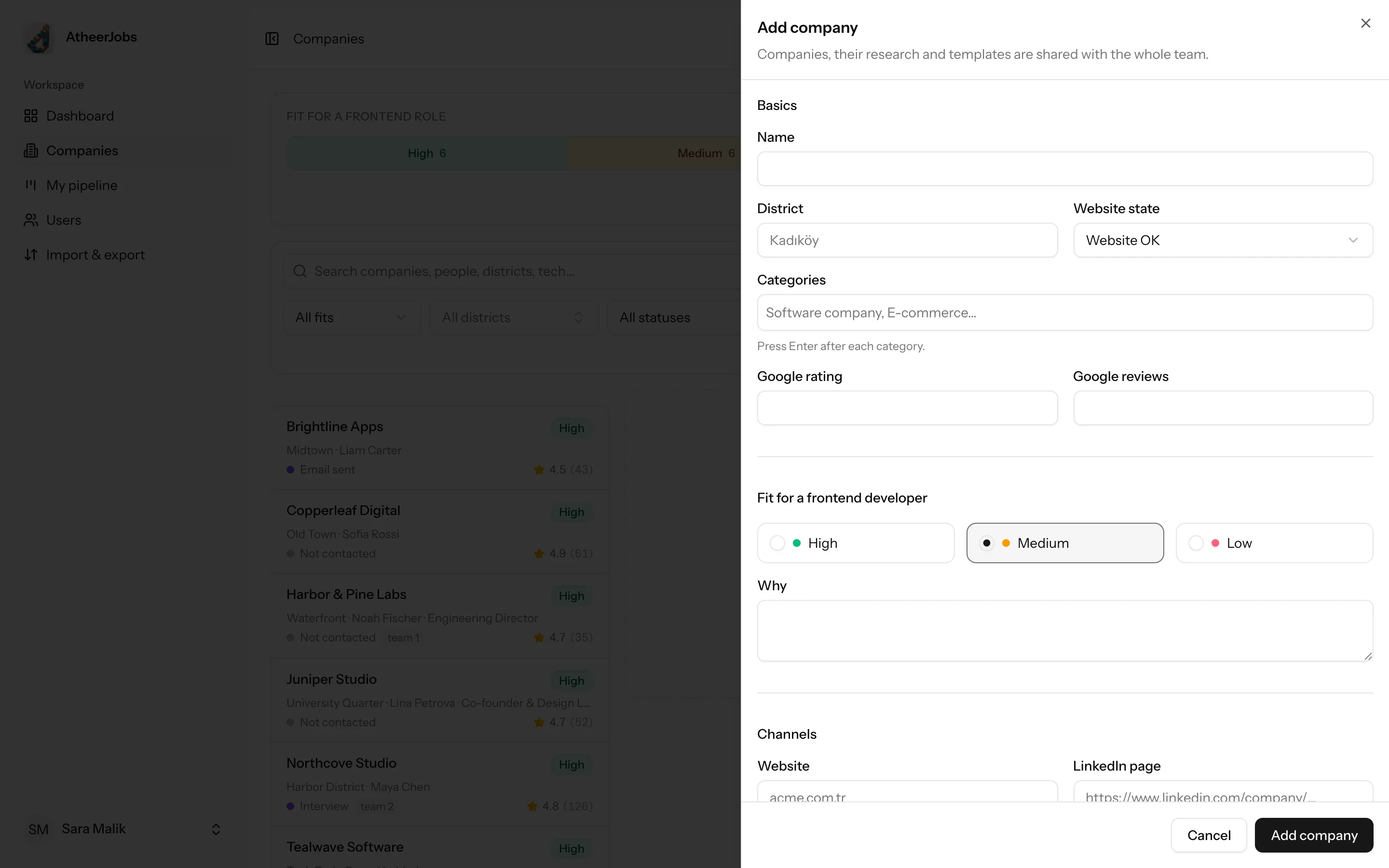 The slide-over form for adding a company.