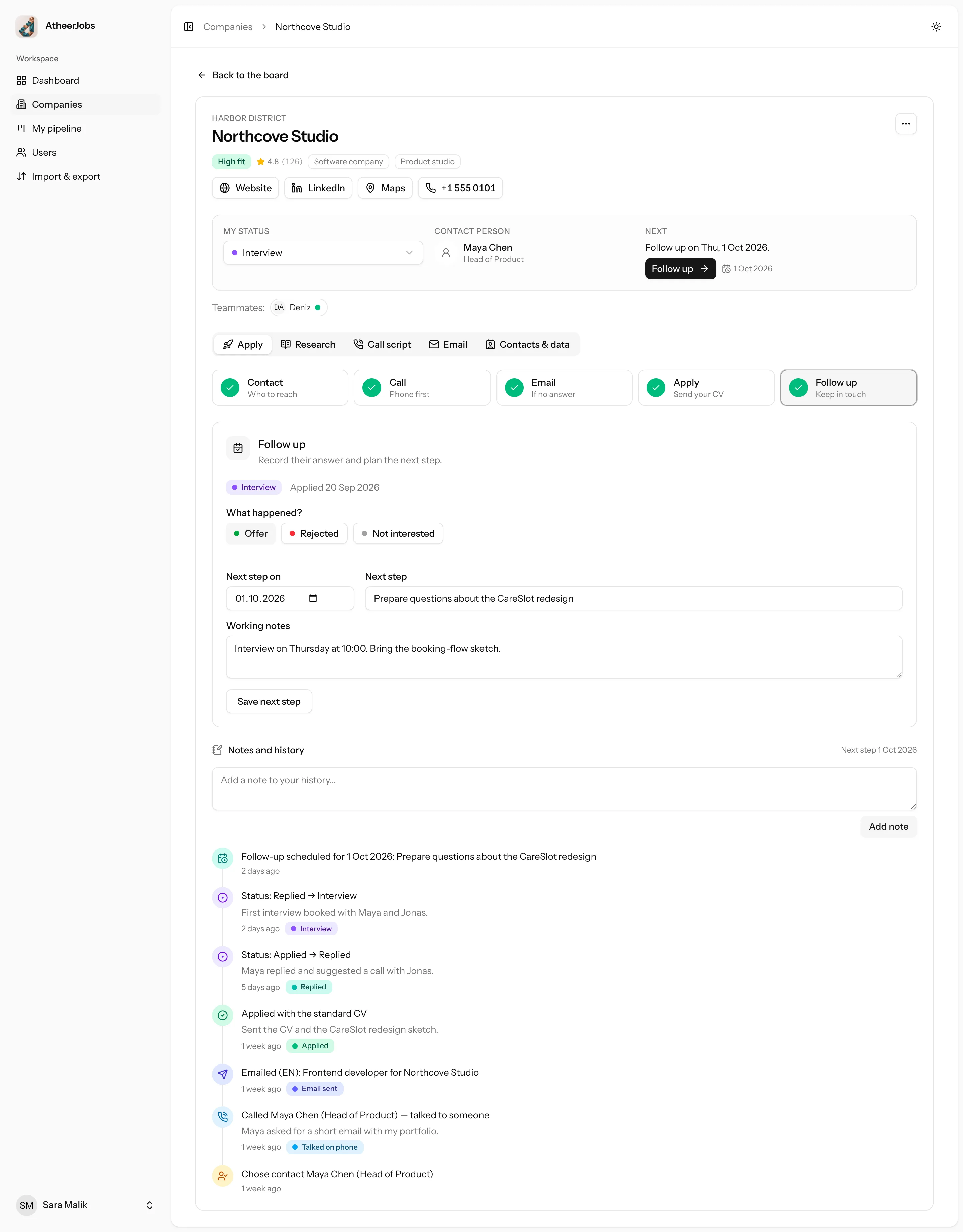 A company page with the tracker card, the five-step apply wizard and the activity timeline.