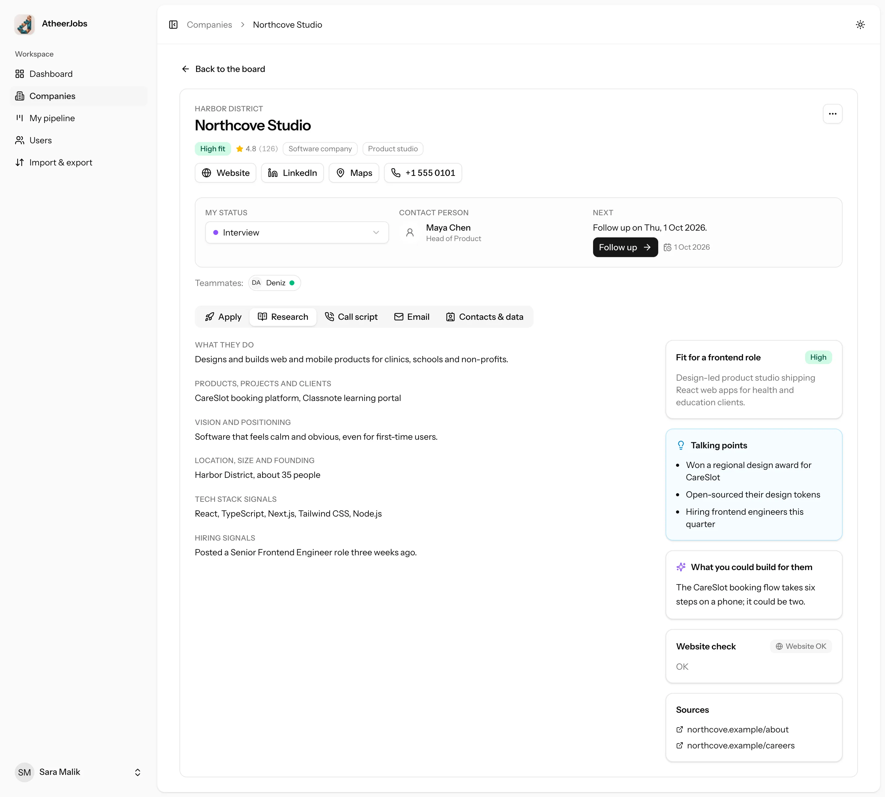 The research tab with company facts, fit, talking points and sources.