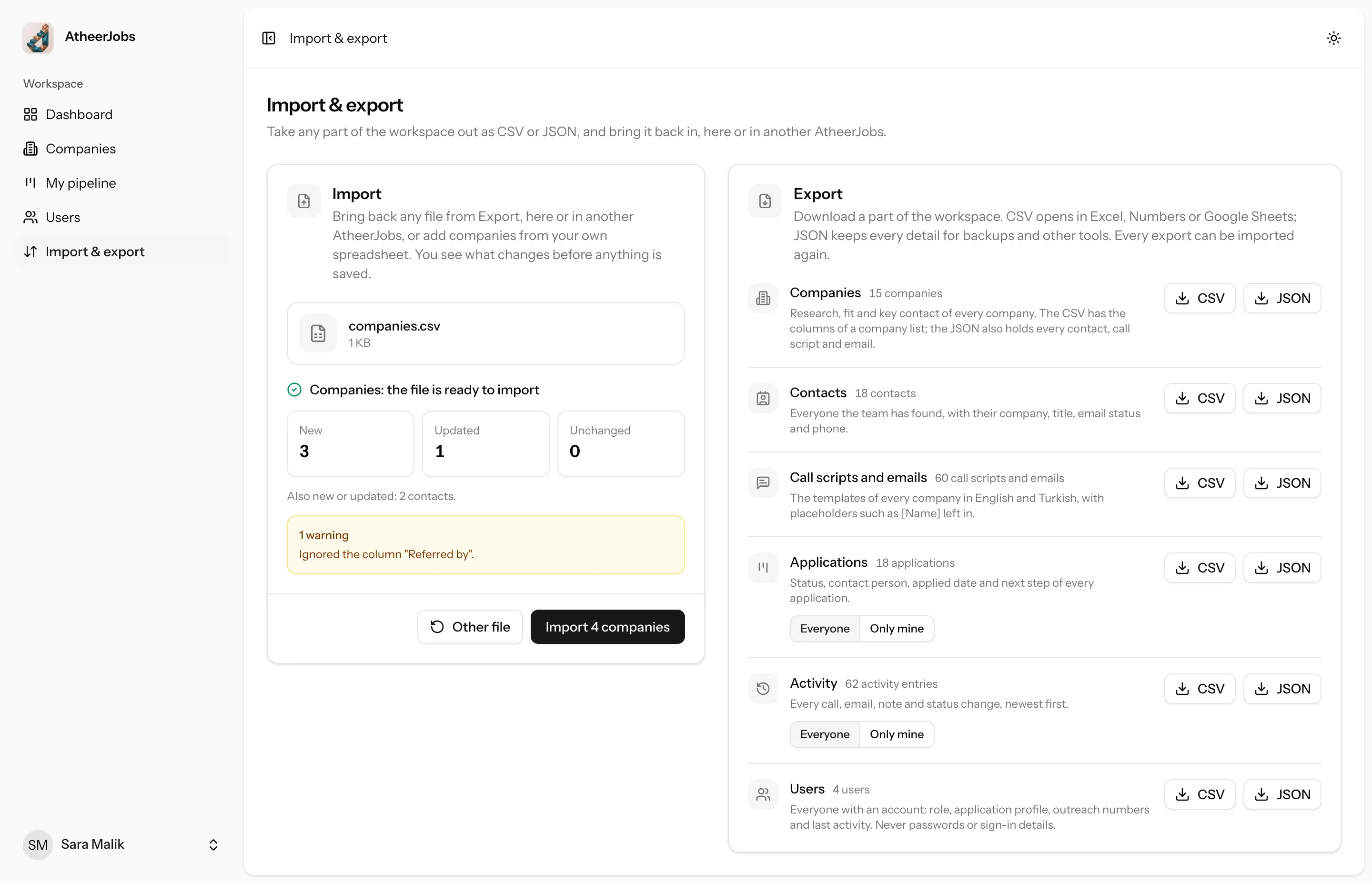 The Import and export page: an import preview on the left and the list of exports on the right.