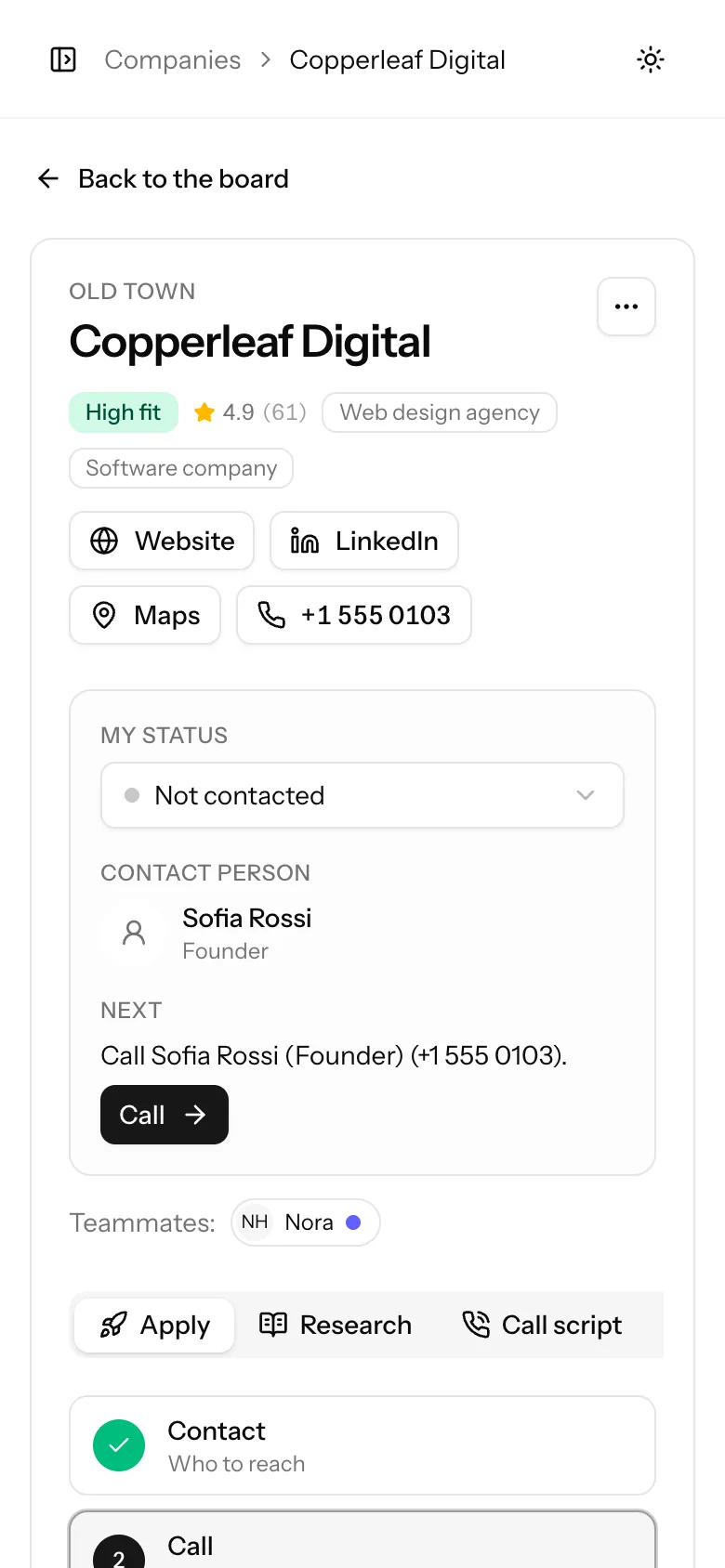 A company page on a phone.